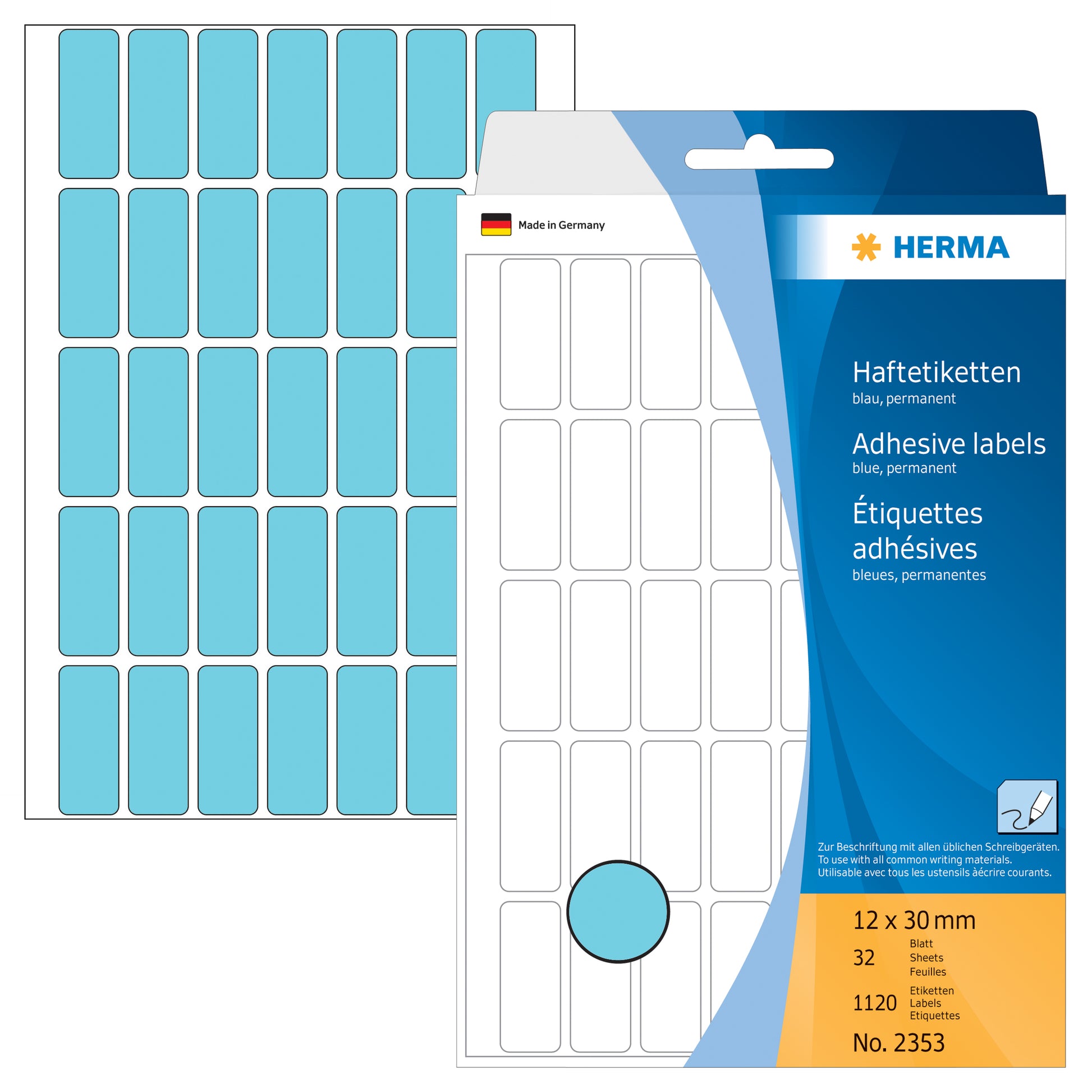 HERMA Haftetiketten – rechteckig 12 × 30 mm, permanent, blau, 32 Blatt (1'120 Stk.)