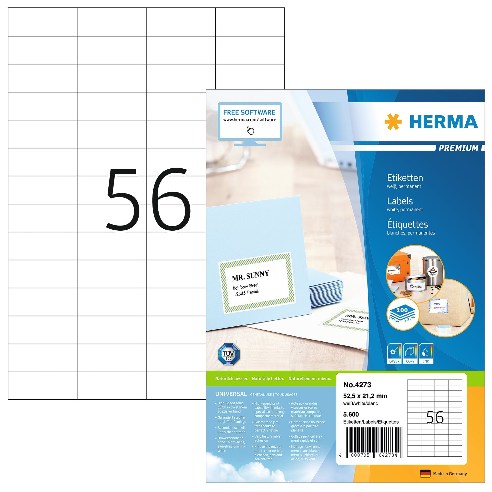 HERMA Etiketten A4 52,5 × 21,2 mm – Papier, matt – permanent haftend – Laser/Inkjet – 100 Blätter (5'600 Stk)