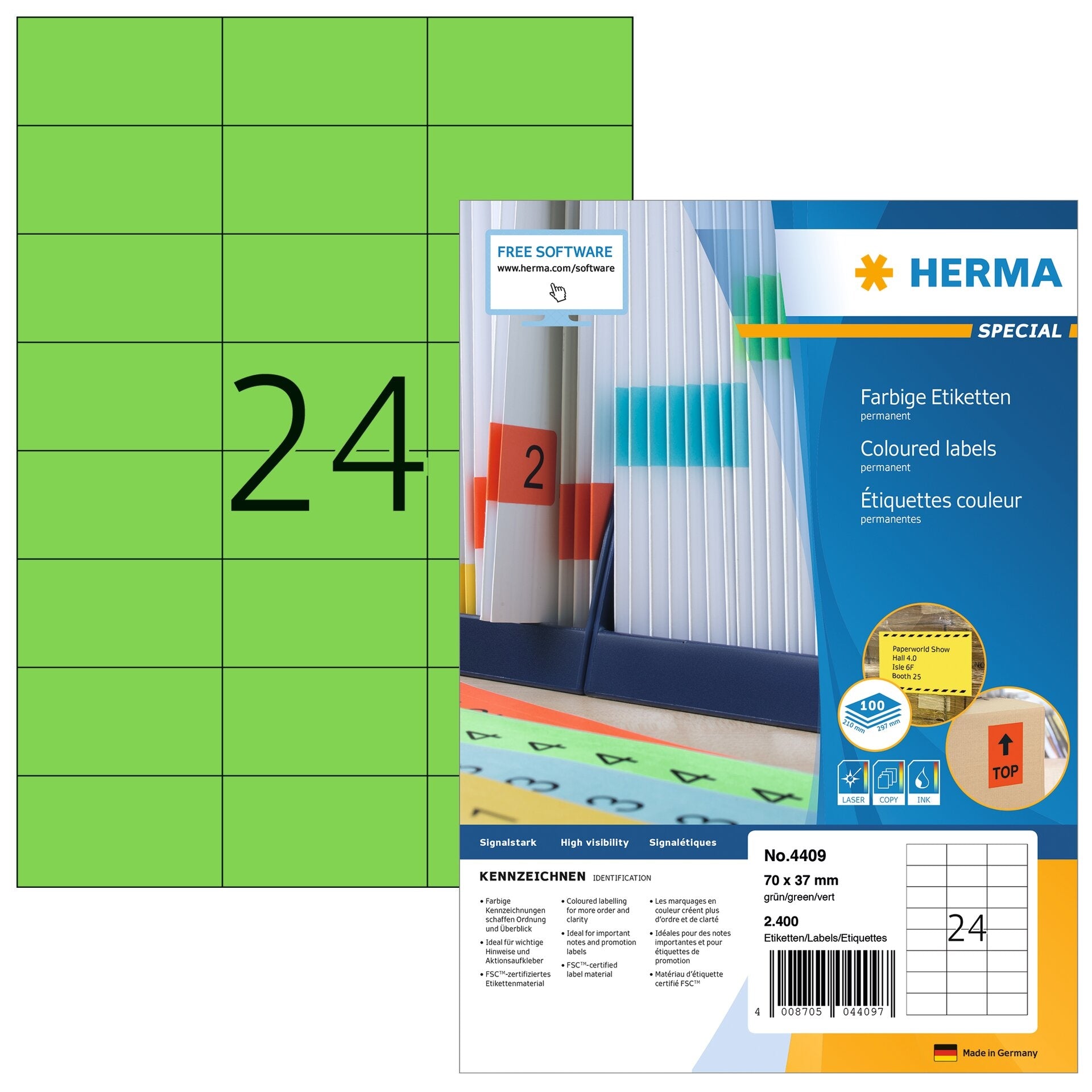 HERMA Etiketten A4 70 × 37 mm – Papier, grün – permanent haftend – 24 pro Blatt, 100 Blätter (2'400 Stk.)