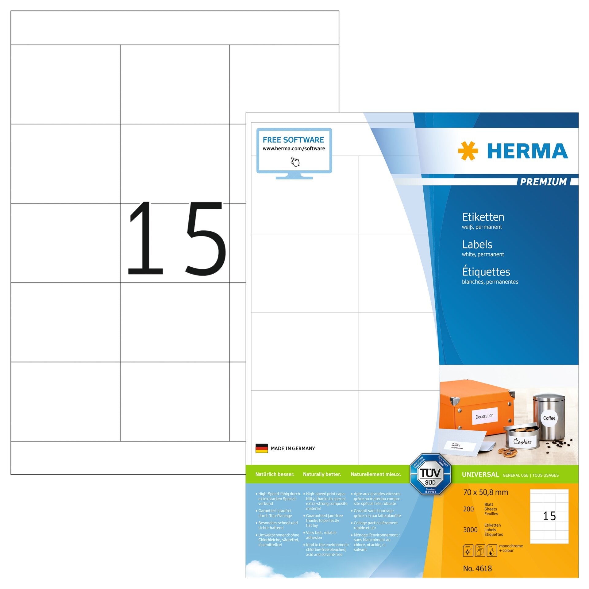 HERMA Etiketten A4 70 × 50,8 mm – Papier, matt, weiss – permanent haftend – Laser/Inkjet – 3'000 Stk.