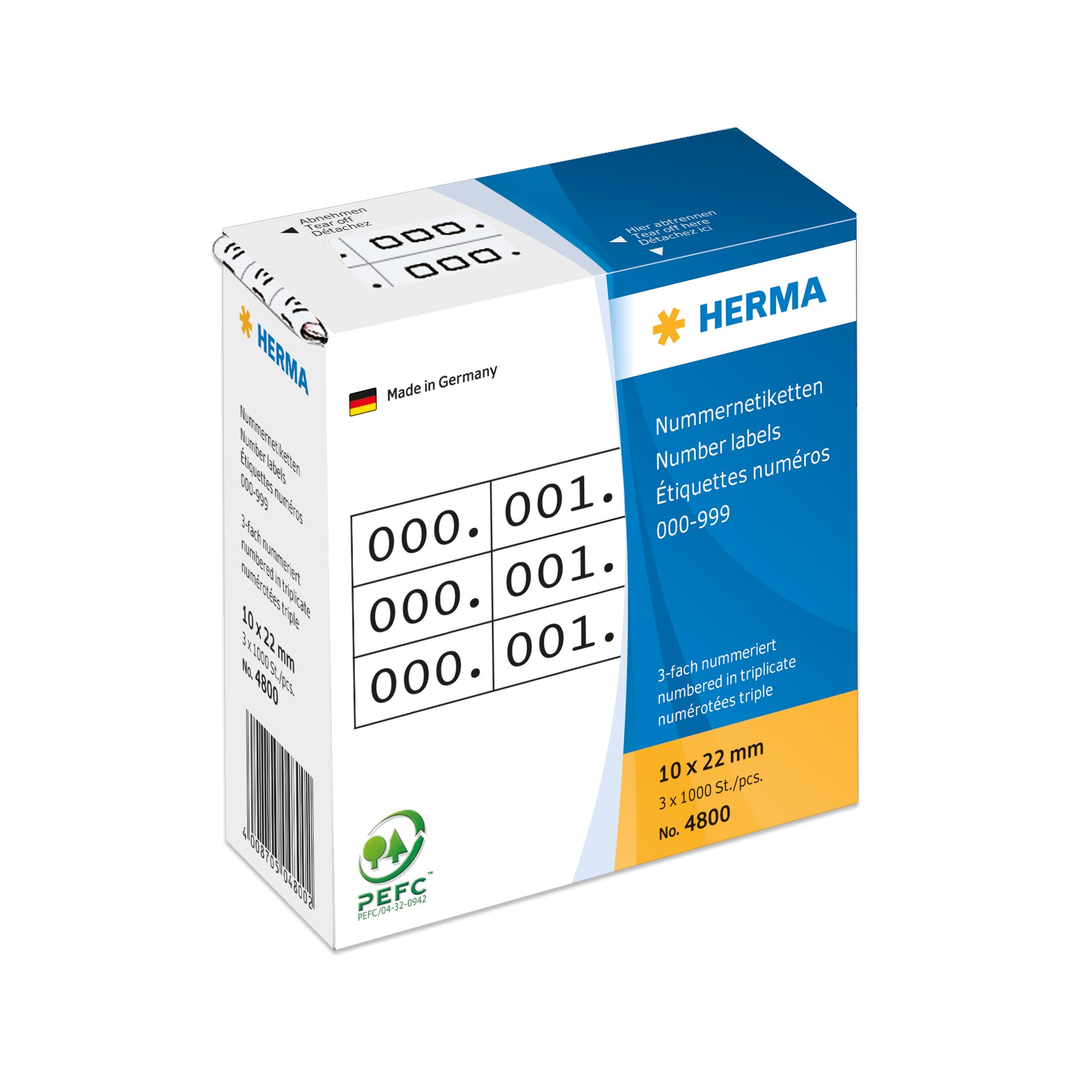 HERMA Nummernetiketten – rechteckig 10 × 22 mm, permanent, weiss/schwarz, Papier, 3 Rollen (3'000 Stk.)