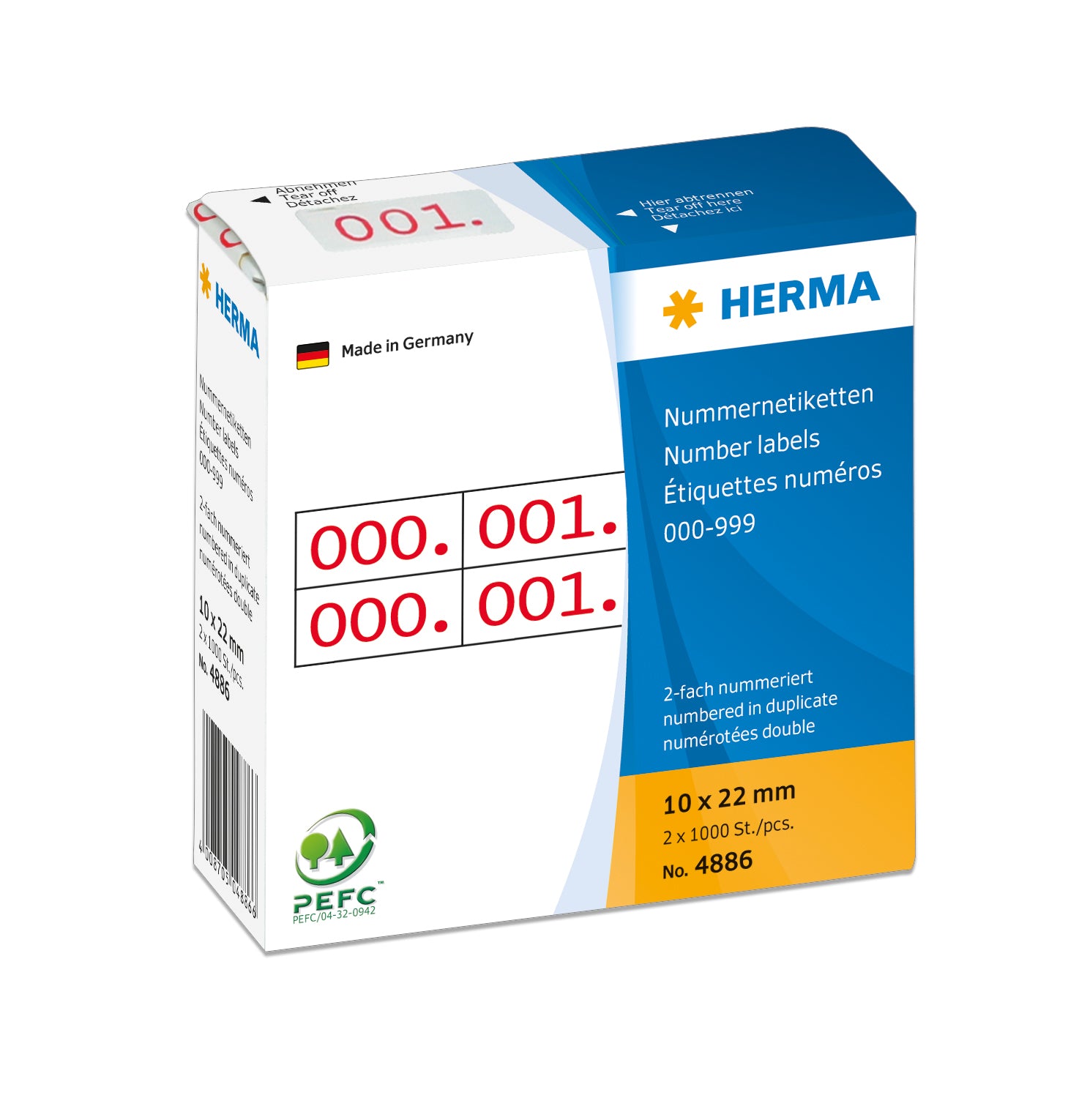 HERMA Nummernetiketten – rechteckig 10 × 22 mm, permanent, weiss mit roter Schrift, 2 Rollen (2'000 Stk.)