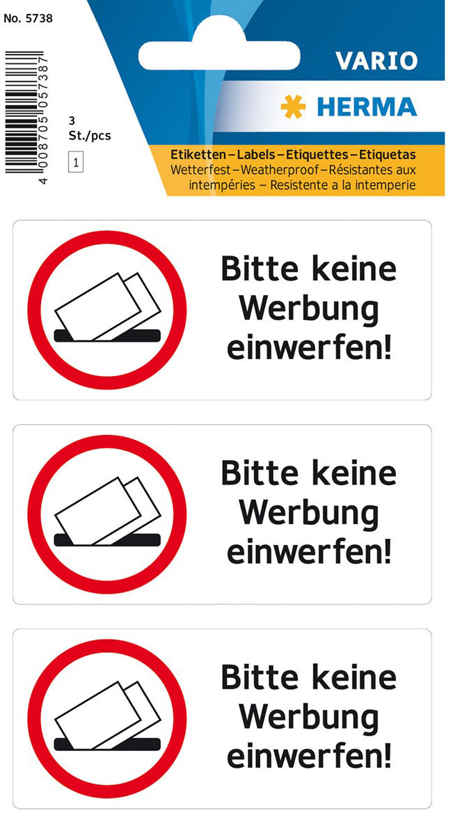 HERMA Hinweisaufkleber Bitte keine Werbung einwerfen – 84 × 120 mm – permanent – Folie – schwarz/weiss – 3 Stk.
