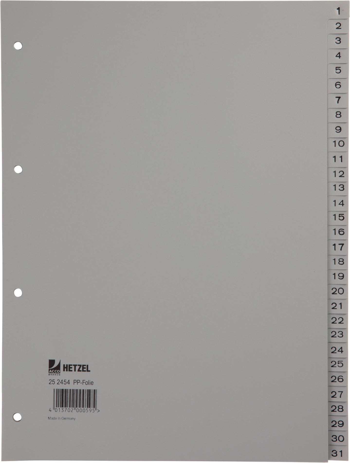 Hetzel Register A4 – nummeriert 1–31, PP grau, 4-fach