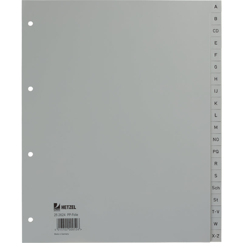 Hetzel Register A4 Überbreit – Alphabetisch A–Z, 20 Taben, PP 0,11 mm, Grau, 3-fach, Bedruckte Taben