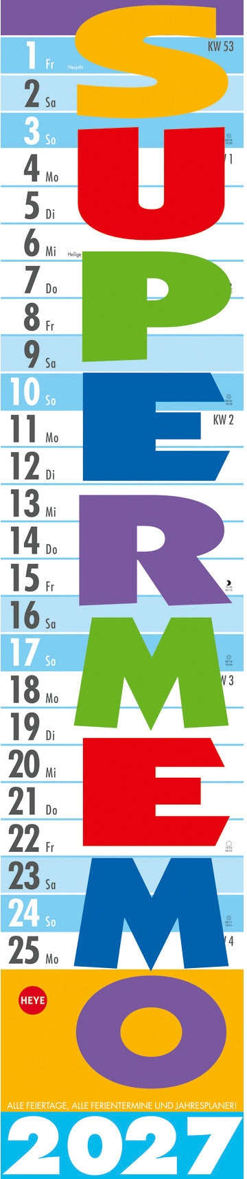 Heye Wandkalender (Monat), 2027, 17 × 85,5 cm, d, inklusive Schulferien