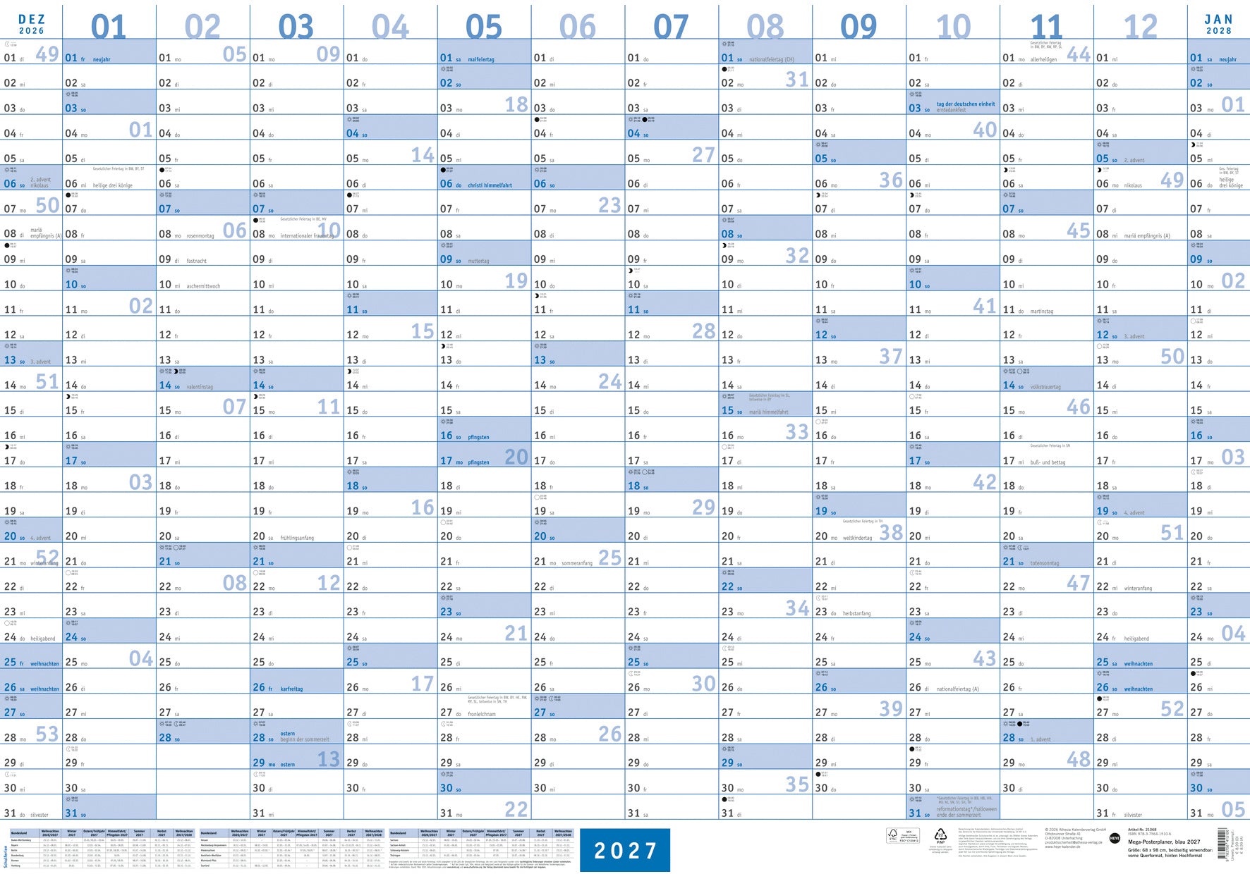 Heye Wandkalender (Monat), 2027, 68 × 98 cm, d, beidseitig bedruckt