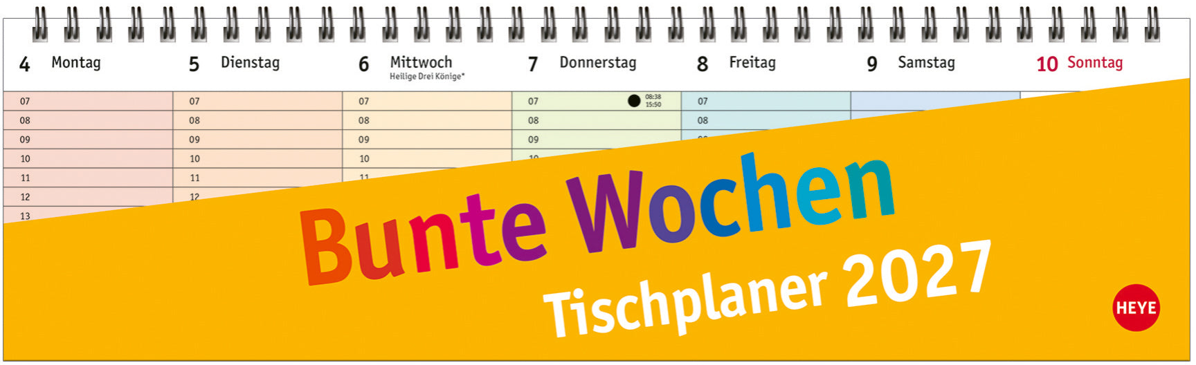 Heye Tischkalender 2027, 1 Woche/1 Seite, 32,7 × 10,0 cm, Bunte Wochen