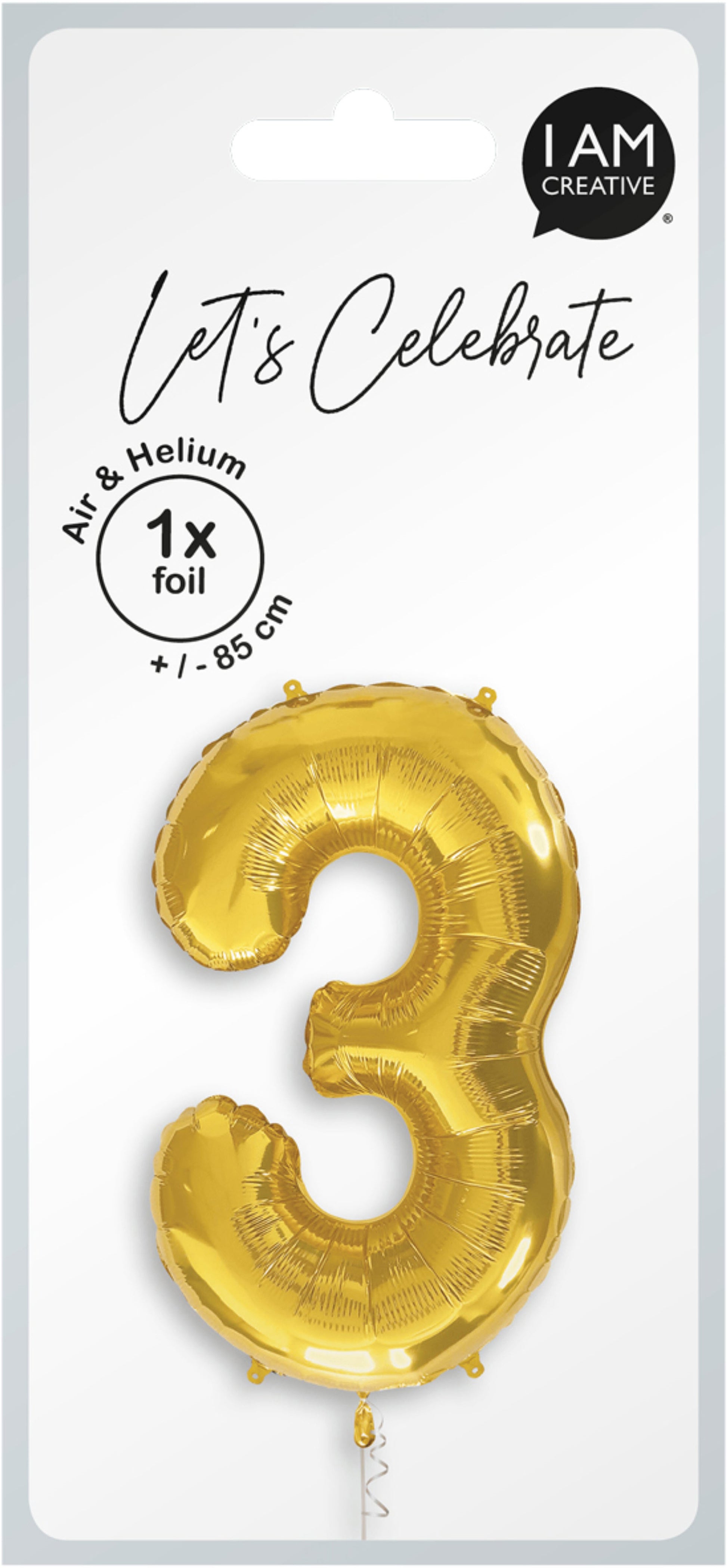 I AM CREATIVE Folienballon Zahl 3 – Gold – 85 × 45 cm – Folie
