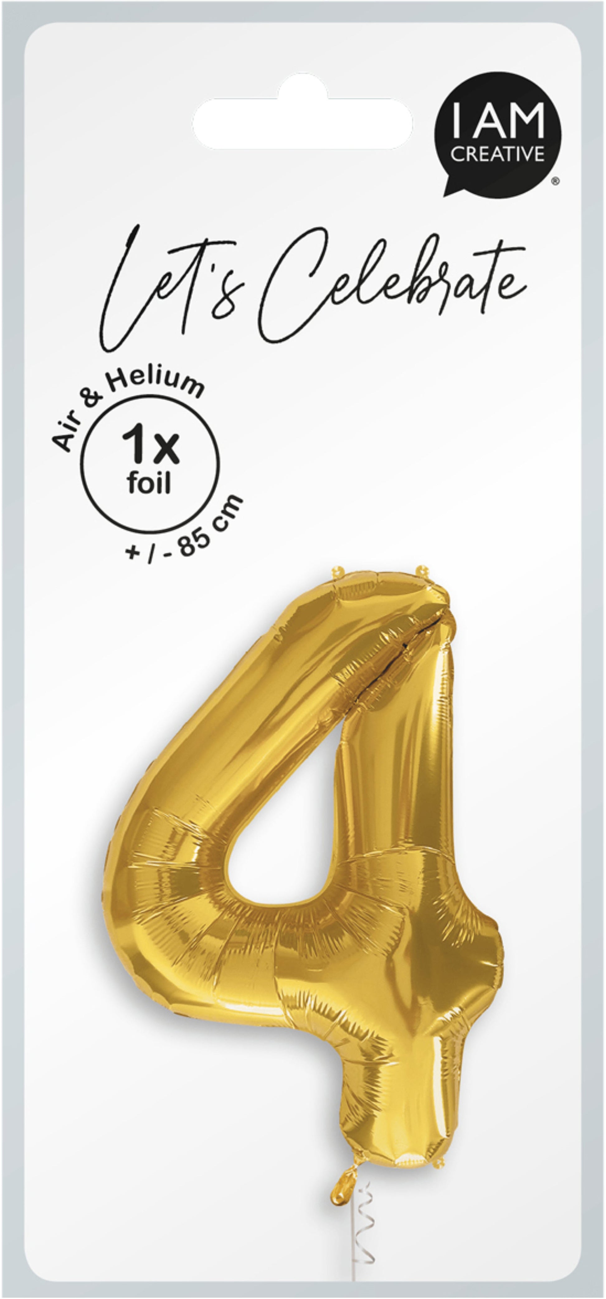 I AM CREATIVE Folienballon Zahl 4 – Gold – 85 × 50 cm – Folie – 1 Stk