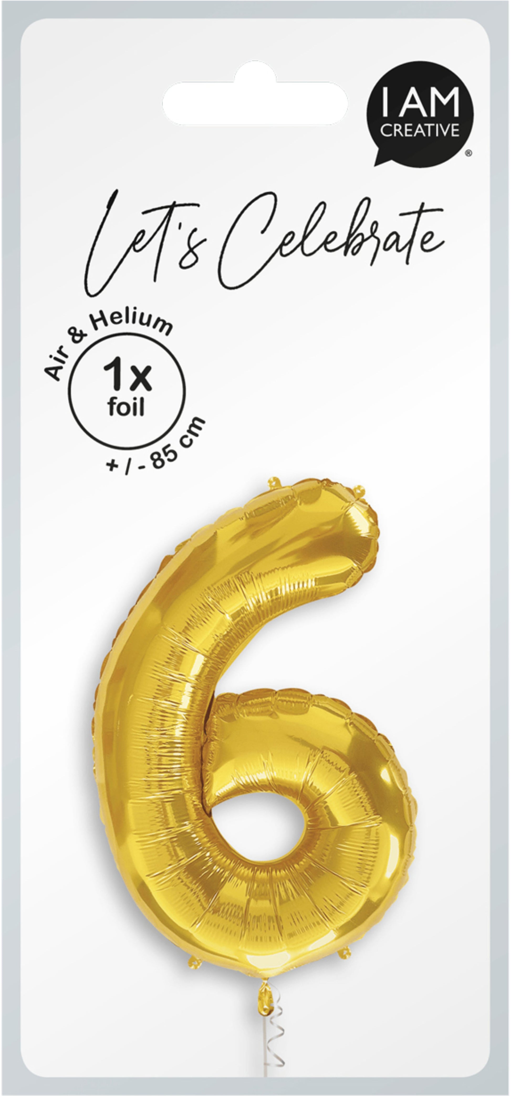 I AM CREATIVE Folienballon Zahl 6 – Gold – 85 × 50 cm – Folie – 1 Stk