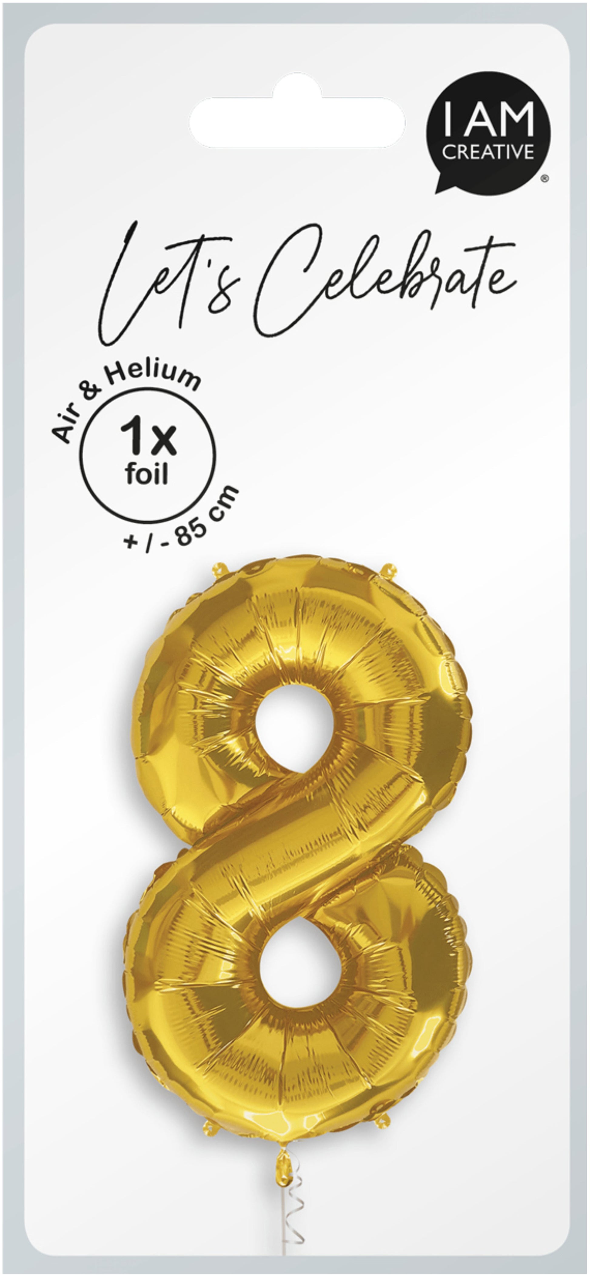 I AM CREATIVE Folienballon Zahl 8 – Gold – 85 × 50 × 15 cm – Folie – 1 Stk