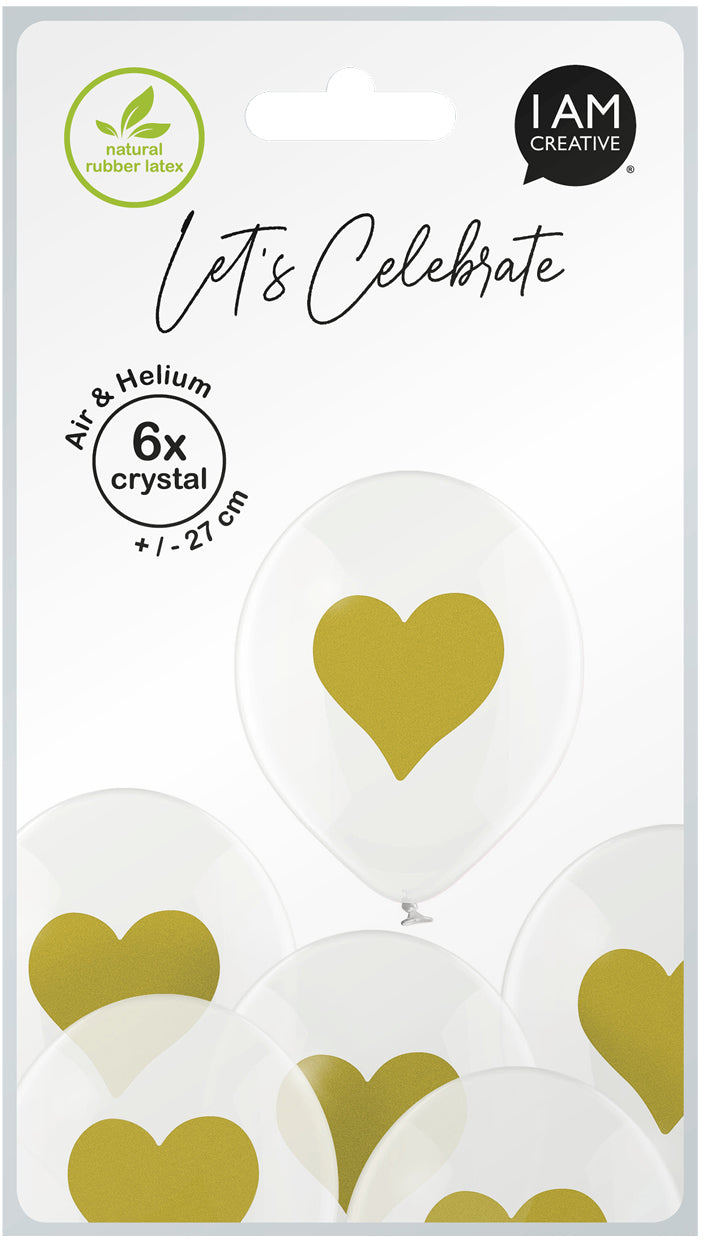 I AM CREATIVE Luftballons Goldenes Herz – Transparent – Ø 27 cm – Latex – 6 Stk