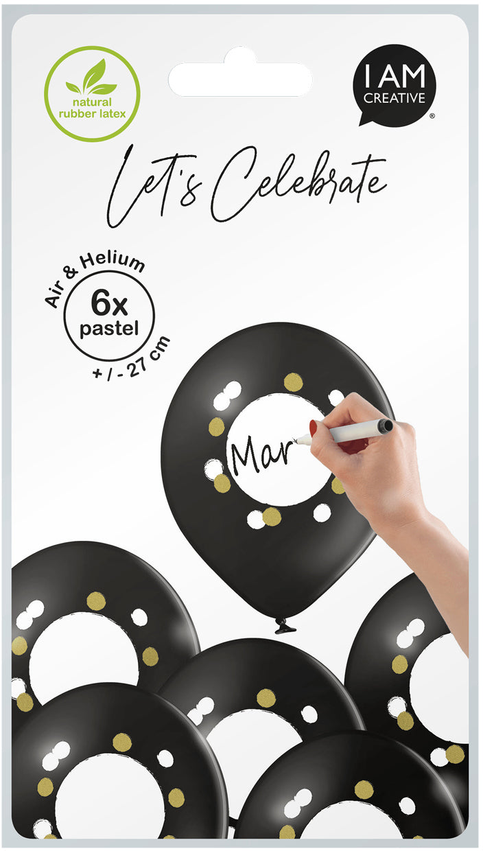 I AM CREATIVE Luftballons selbstbeschriftbar – schwarz – Ø 27 cm – Latex – 6 Stk – mit weissem Schreibfeld