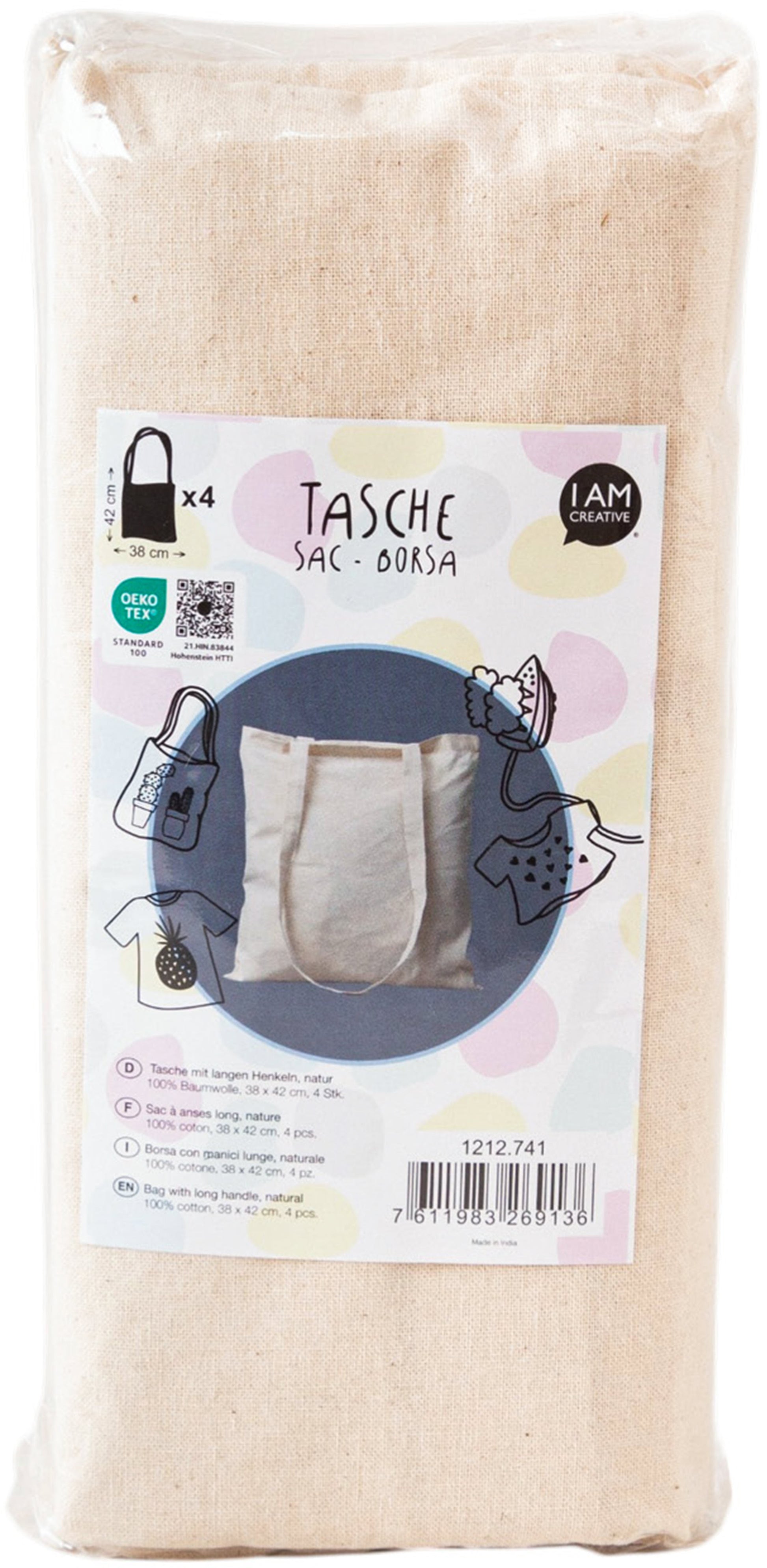 I am creative I AM CREA – Stofftasche, 100% Baumwolle, Ecru, 38 × 42 cm, 4 Stk.