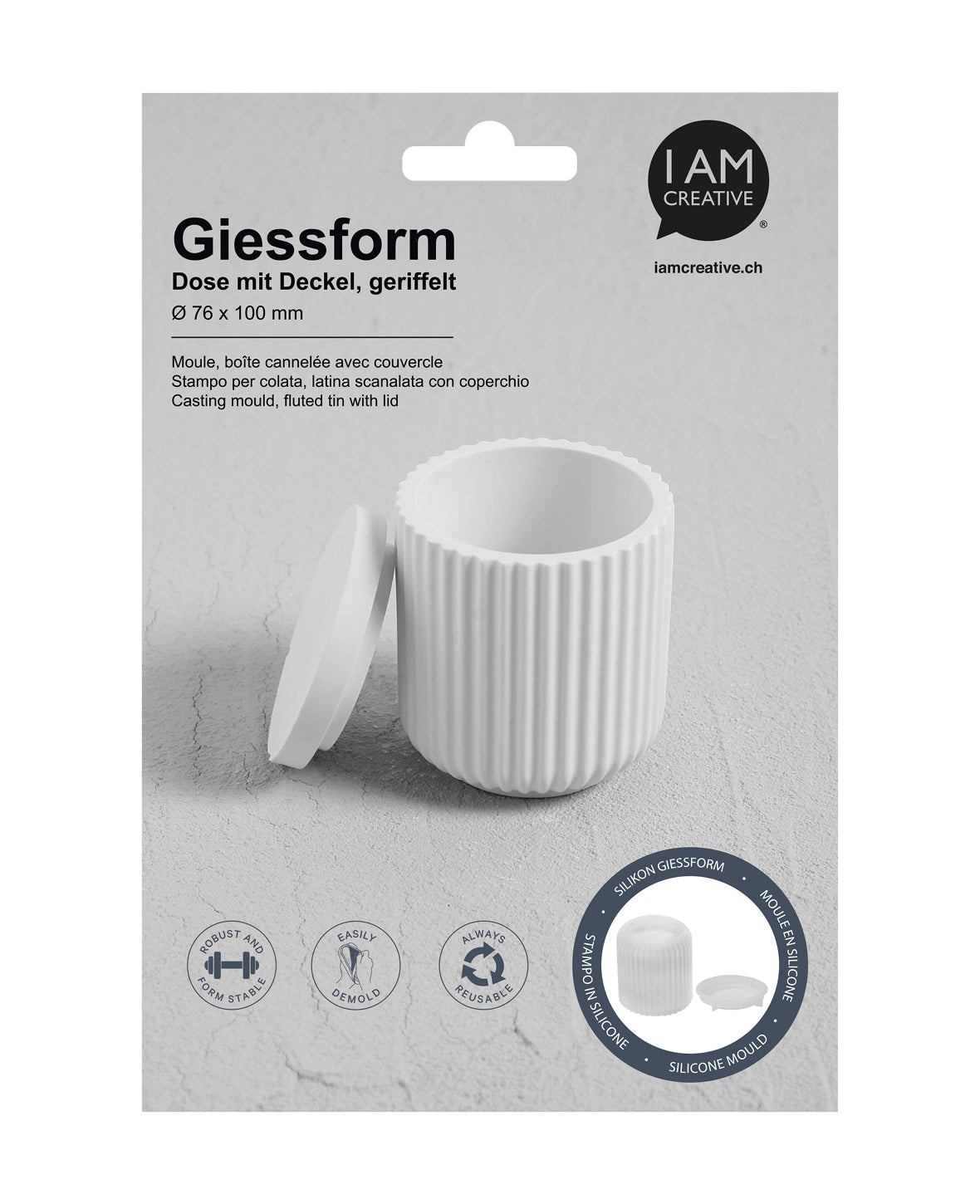I am creative Giessform – geriffelte Dose mit Deckel – Silikon – 80 × 145 × 210 mm – für Seife, Wachs u. a.