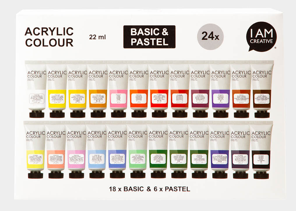 I am creative Acrylfarbe – Mehrfarbig, seidenmatt – 24 Farben (24×22 ml) (528 ml) – für Leinwand, Papier, Holz