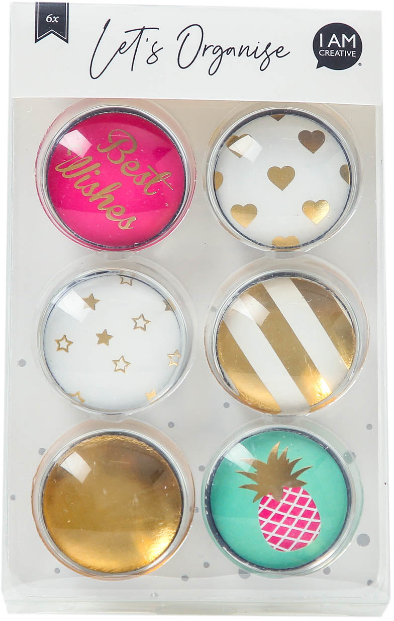 I am creative Rundmagnete – Ø 30 × 10 mm, Glas/Metall, 6 Stk., für Whiteboards, Magnettafeln