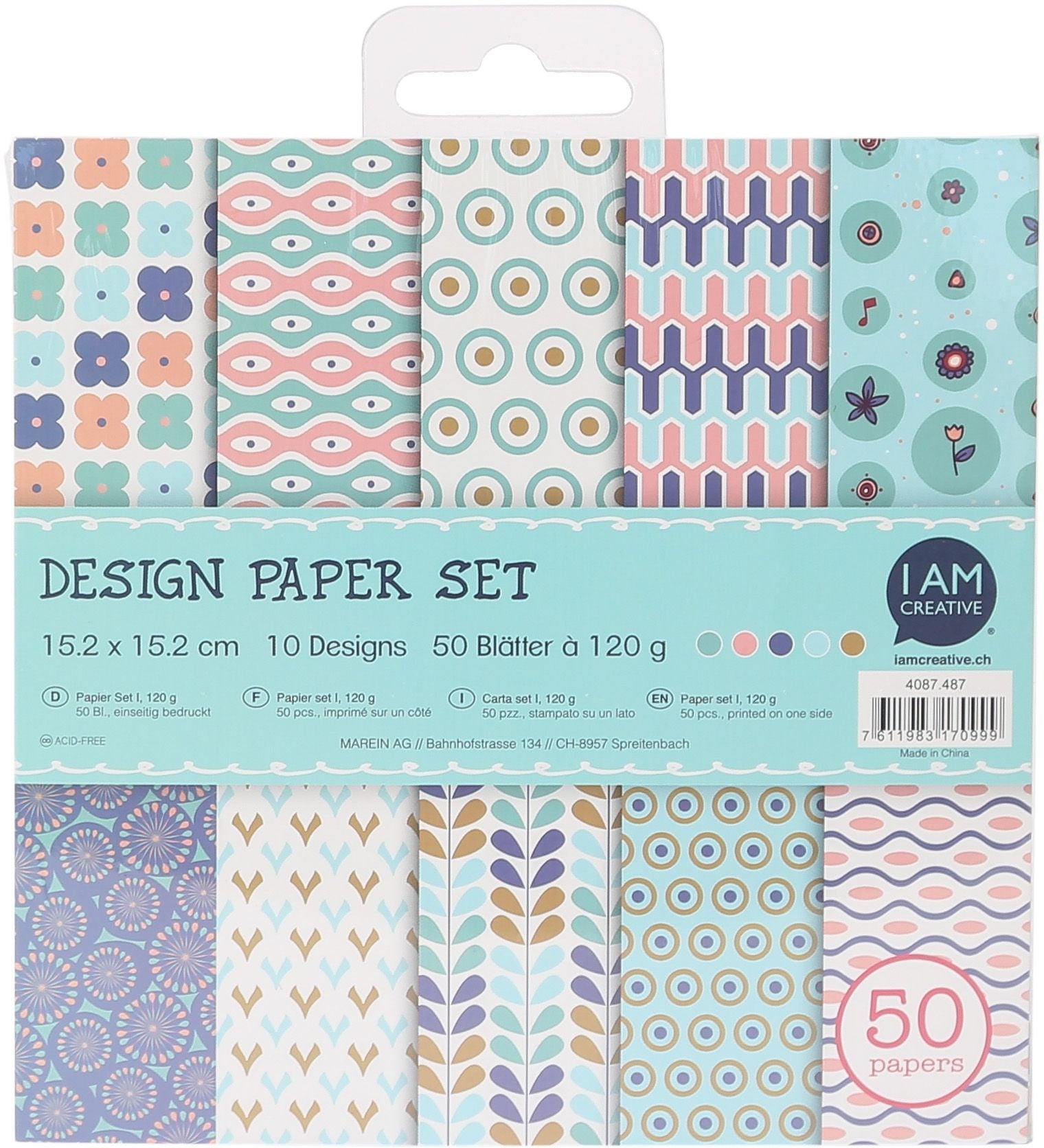 I am creative Designpapierblock – 15,2 × 15,2 cm, 10 Designs, 120 g/m² – 50 Blatt