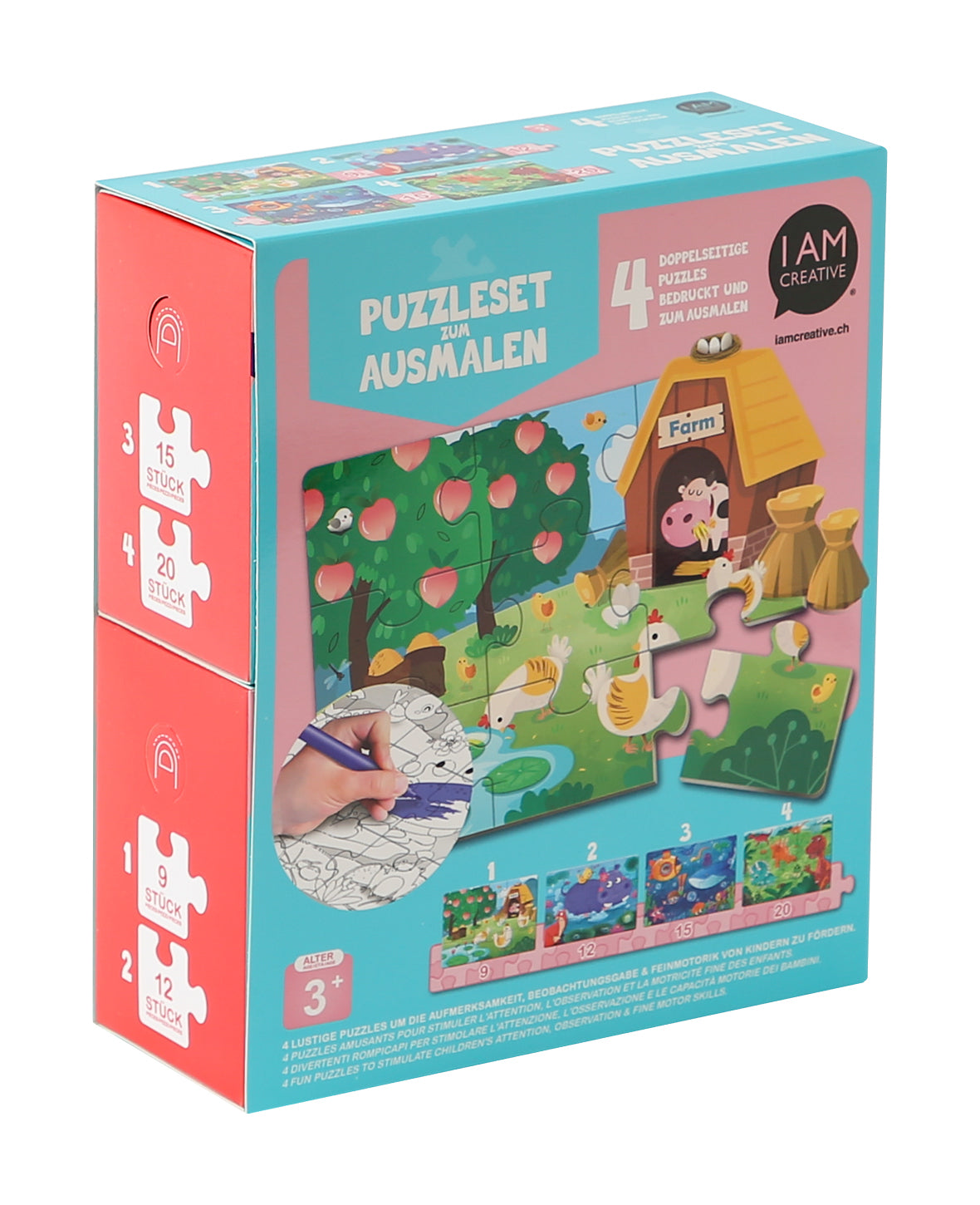 I am creative Bastelset – Puzzle zum Ausmalen – 11,5 × 15 cm – 1 Puzzle, 3 Mini-Marker (violett, gelb, blau)