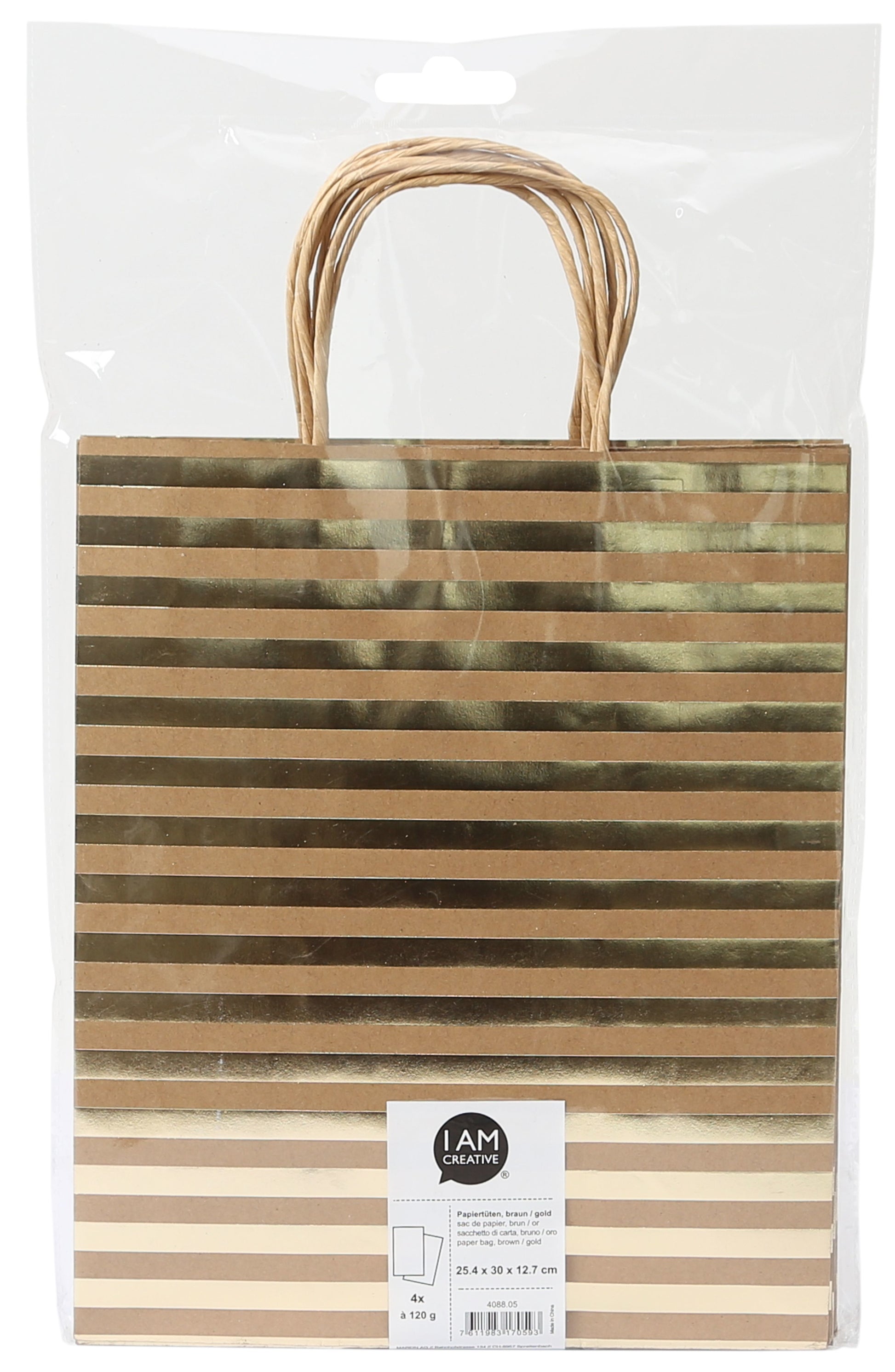 I am creative Geschenktasche gepunktet/gestreift, braun/gold – 254 × 300 × 127 mm