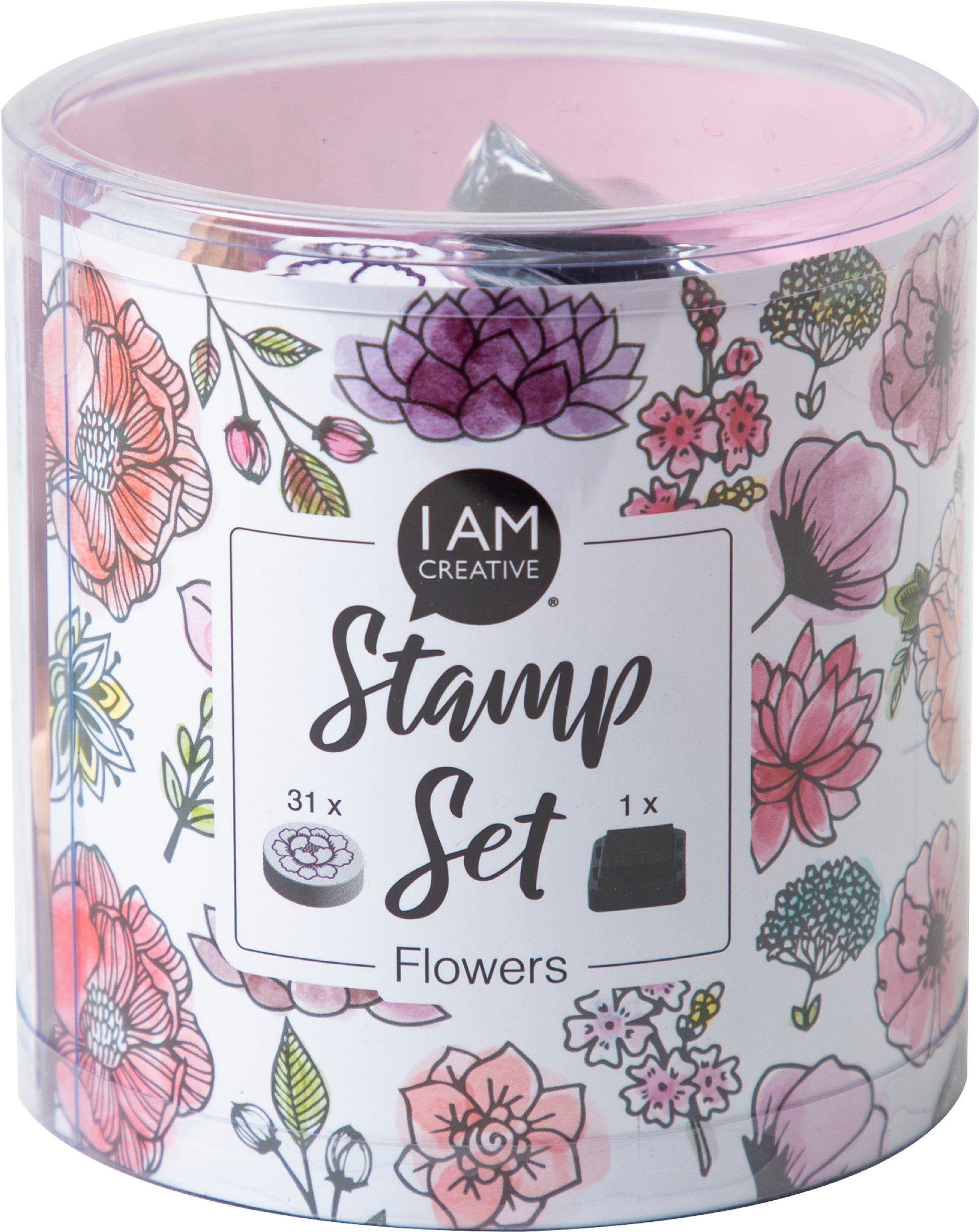 I am creative Stempel-Set – Flowers – 31 Stempel, 1 Schwarzes Stempelkissen – Moosgummi/Gummi