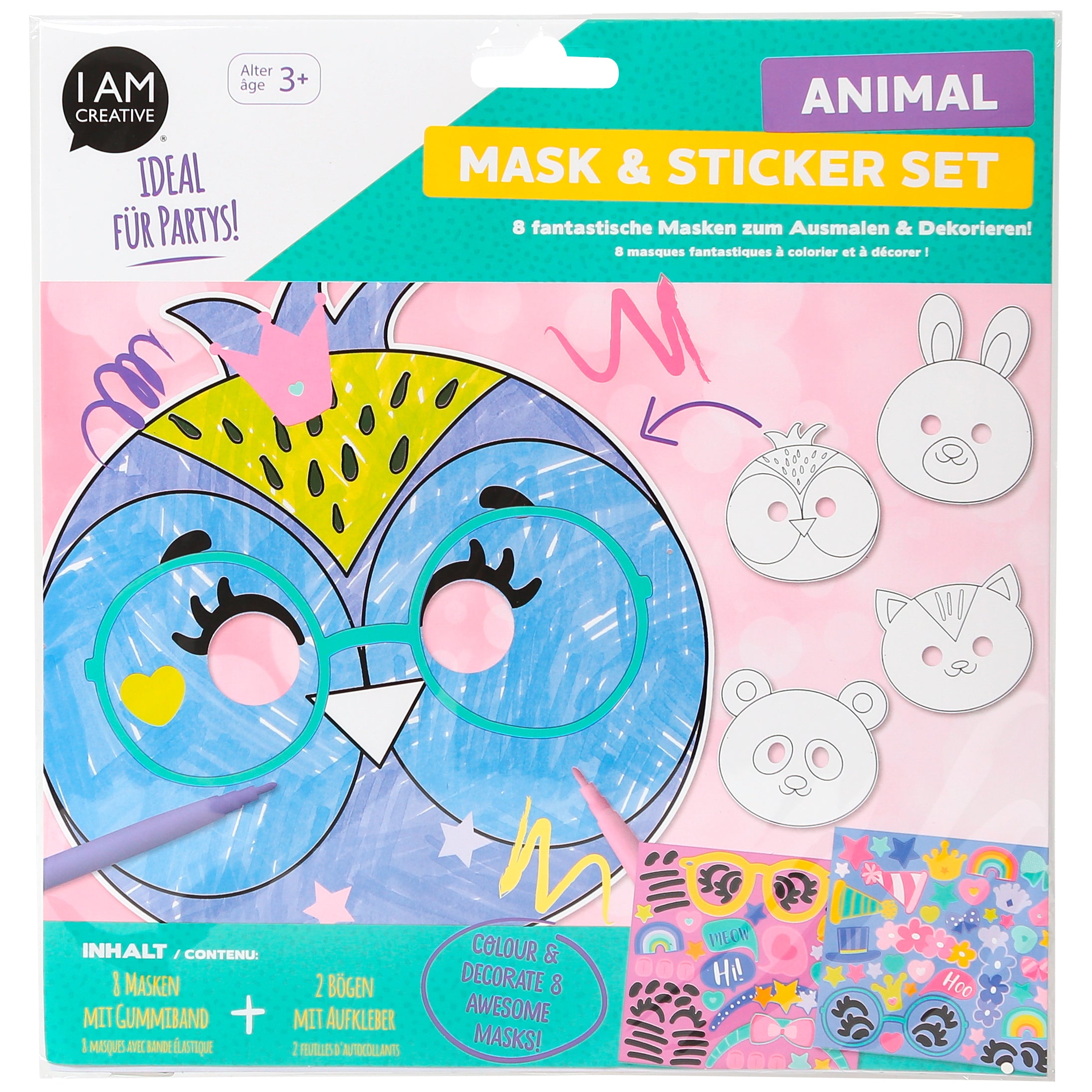 I am creative Bastelset Masken zum Ausmalen und Dekorieren – 8 Masken, 2 Stickerbögen – ab 3 Jahren
