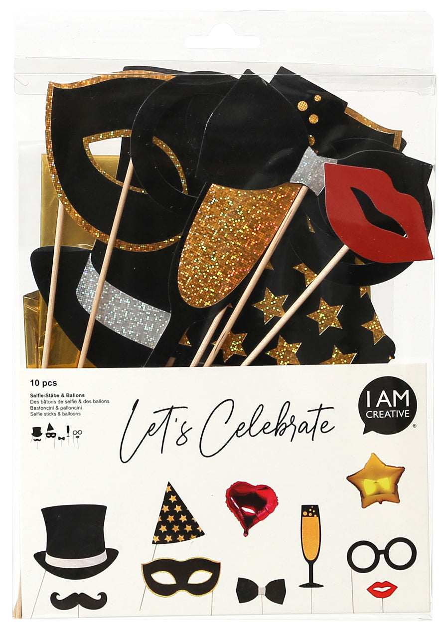 I AM CREATIVE Photoprops-Set (Selfie-Sticks & Folienballons) Glitter – Folienballon Herz Ø 45 cm, Folienballon