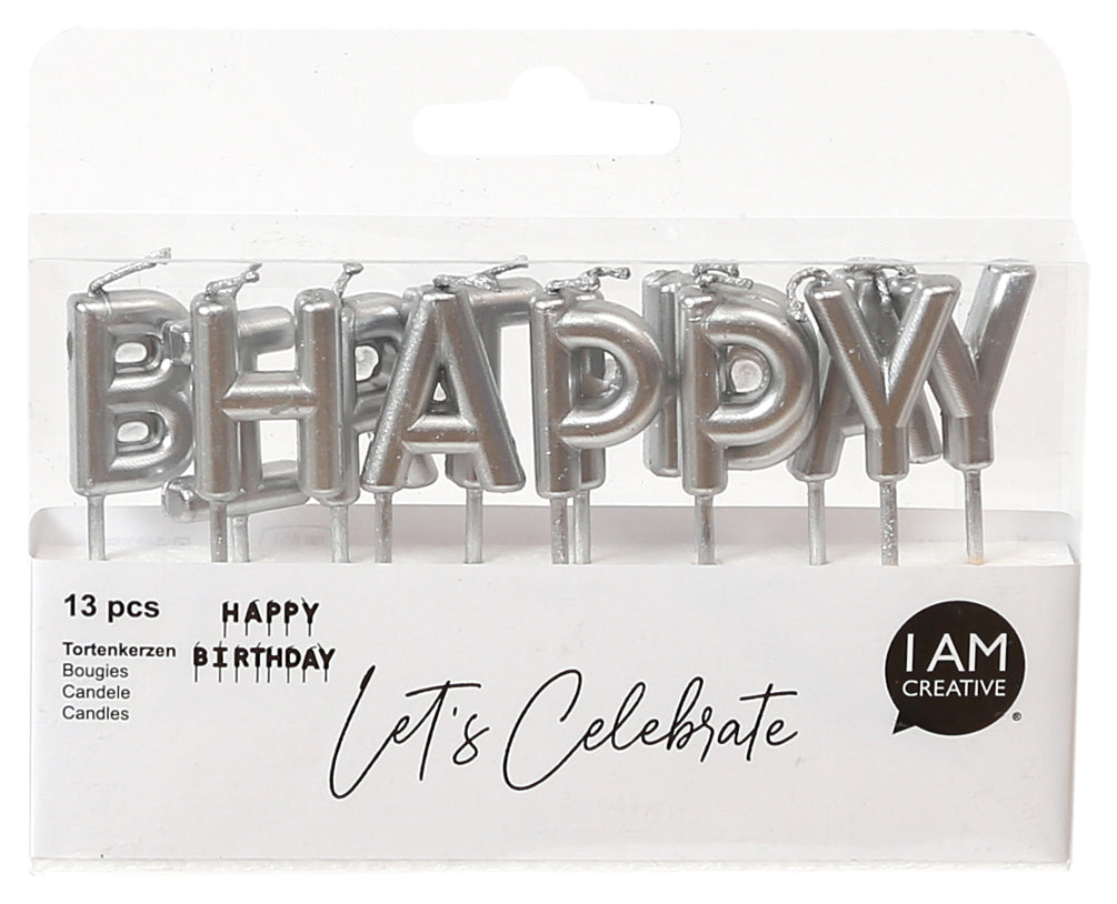 I AM CREATIVE Geburtstagskerzen Happy Birthday – Silber – 11,4 × 3 × 14,8 cm