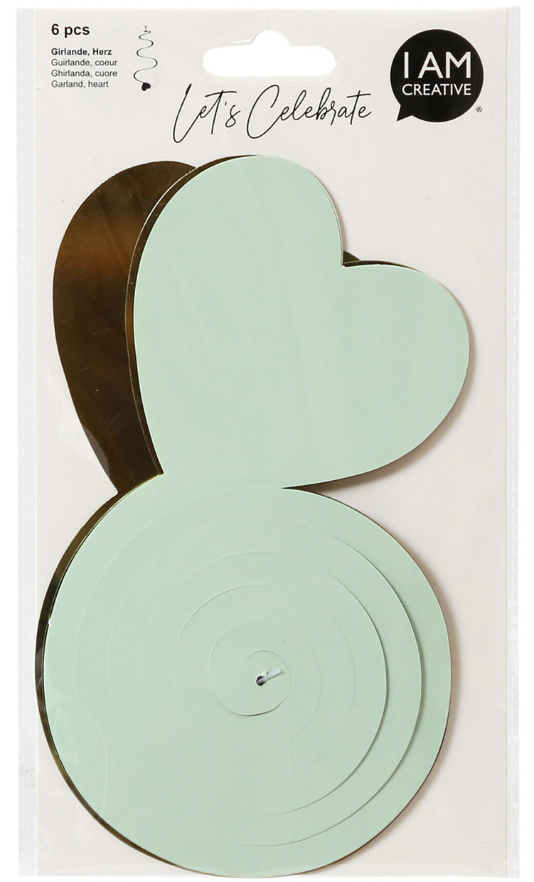 I AM CREATIVE Girlande Herz – mint/gold – 70 cm – Ø 11,5 cm – 6 Stk