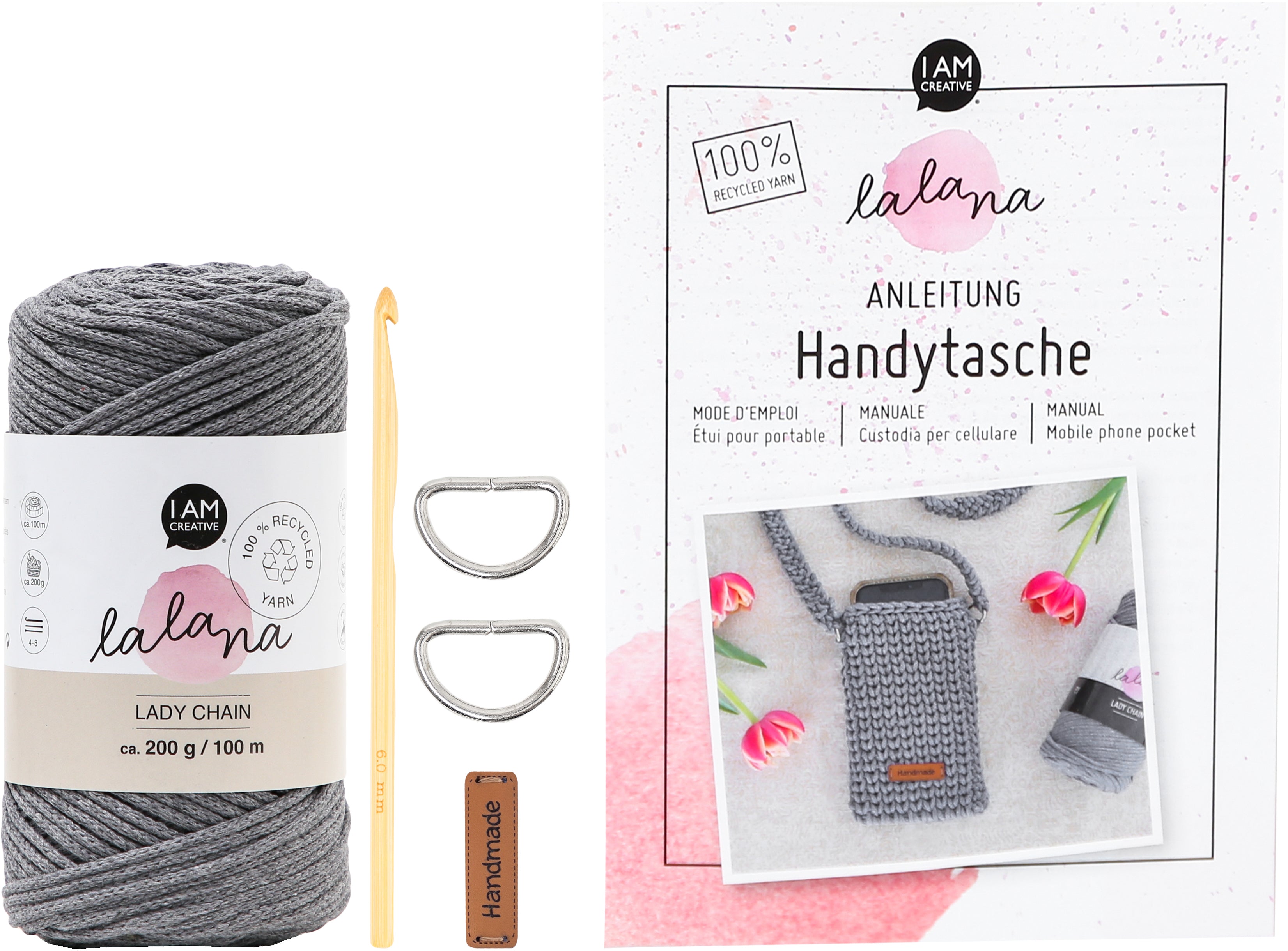 I am creative Häkelset Handytasche – Dunkelgrau, Häkelnadel 6 mm, 80% Baumwolle/20% Mischfasern