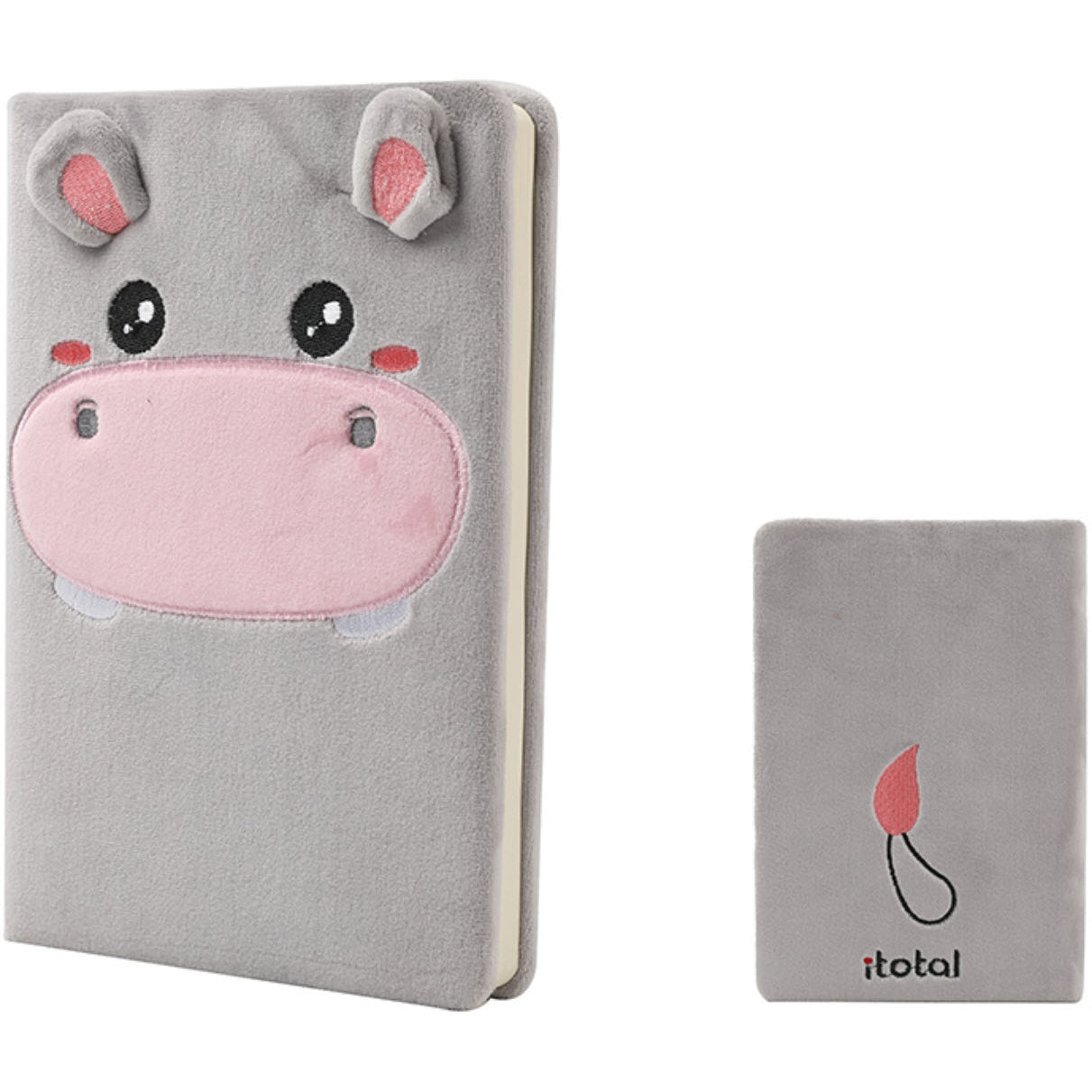 I-total Notizbuch – A5 (150 × 215 mm) – Plüsch-Cover, Hippo-Motiv, Grau
