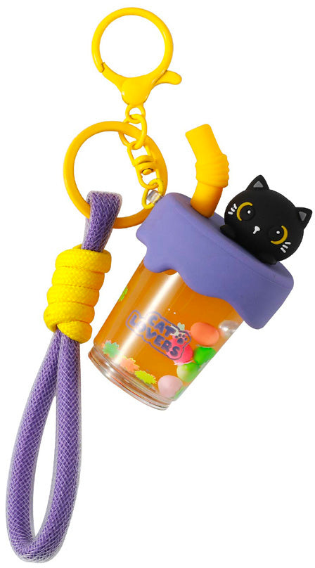 I-total Schlüsselanhänger Bubble Tea Schwarze Katze – Flüssigkeitseffekt, Glitzer, 110 × 80 × 50 mm