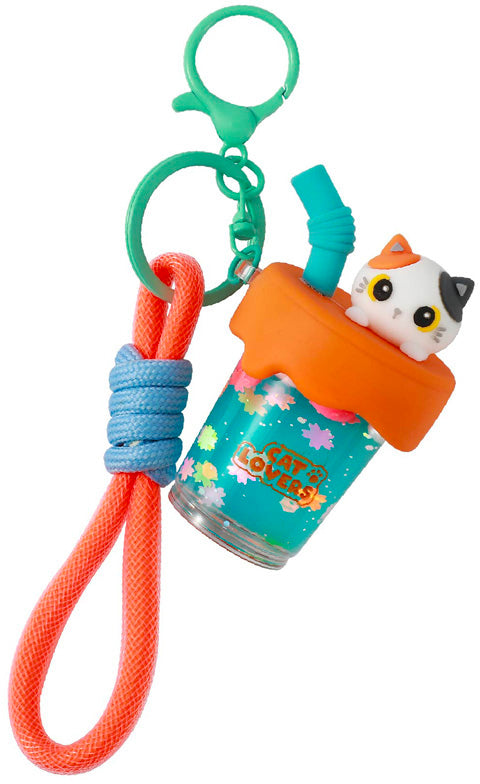 I-total Schlüsselanhänger Bubble Tea Orange Katze – Flüssigkeitsbewegungseffekt, glitzernd, 85 × 45 mm