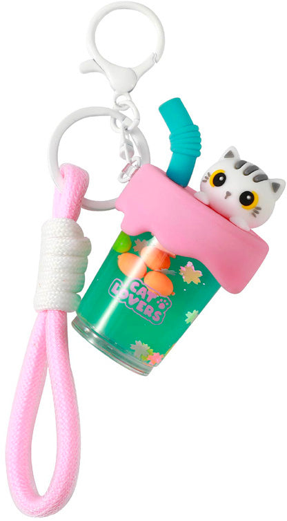 I-total Schlüsselanhänger Bubble Tea Weiss Katze – Flüssigkeitseffekt, Glitzer, 100 × 85 × 45 mm