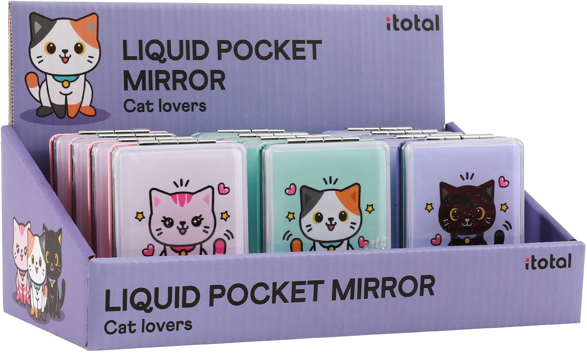 I-total Taschenspiegel XL3148A – 8,5 × 6 × 1,4 cm – Katzen-Design, assortiert