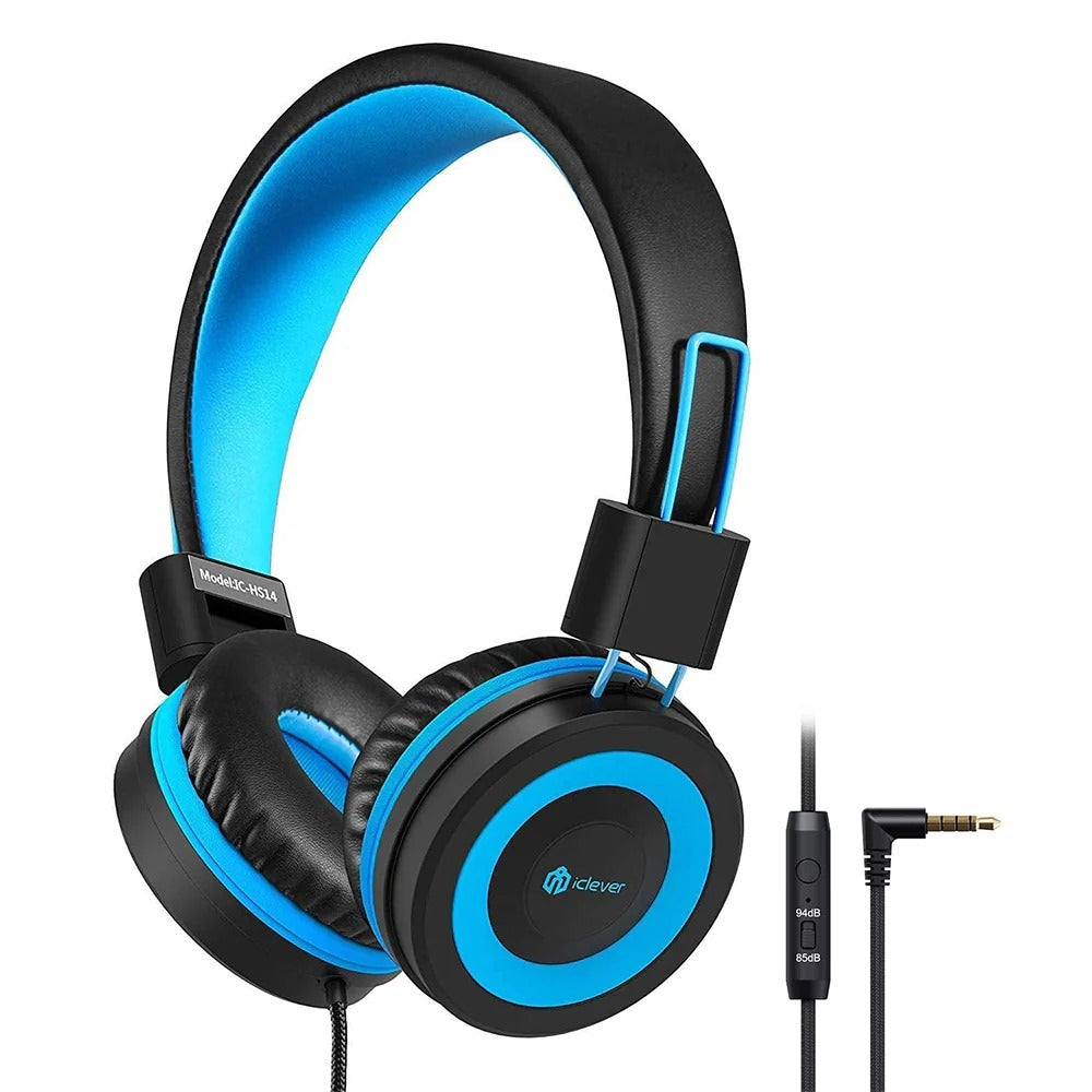 iClever HS14 Kinderkopfhörer – Stereo, 3,5 mm Klinke, 85 dB-Limit, mit Mikrofon, Schwarz/Blau