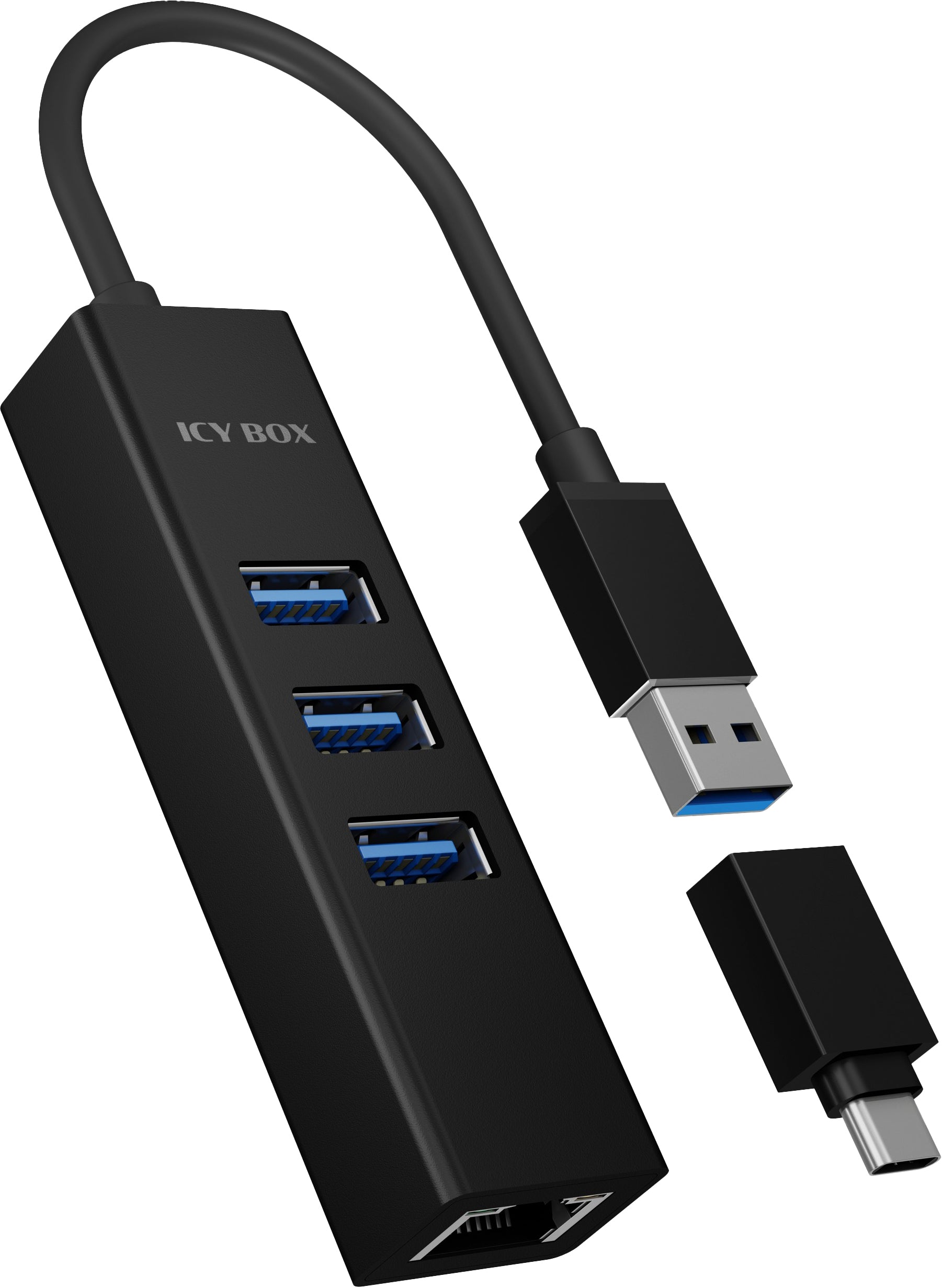 ICY BOX IBHUB1419 USB-Hub – 3× USB-A, GbE, für Windows/Mac