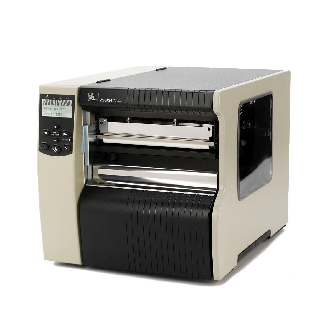 Zebra 220Xi4 – Etikettendrucker, Thermotransfer, Printserver, Rewinder mit Abziehfunktion, USB, LAN, RS-232