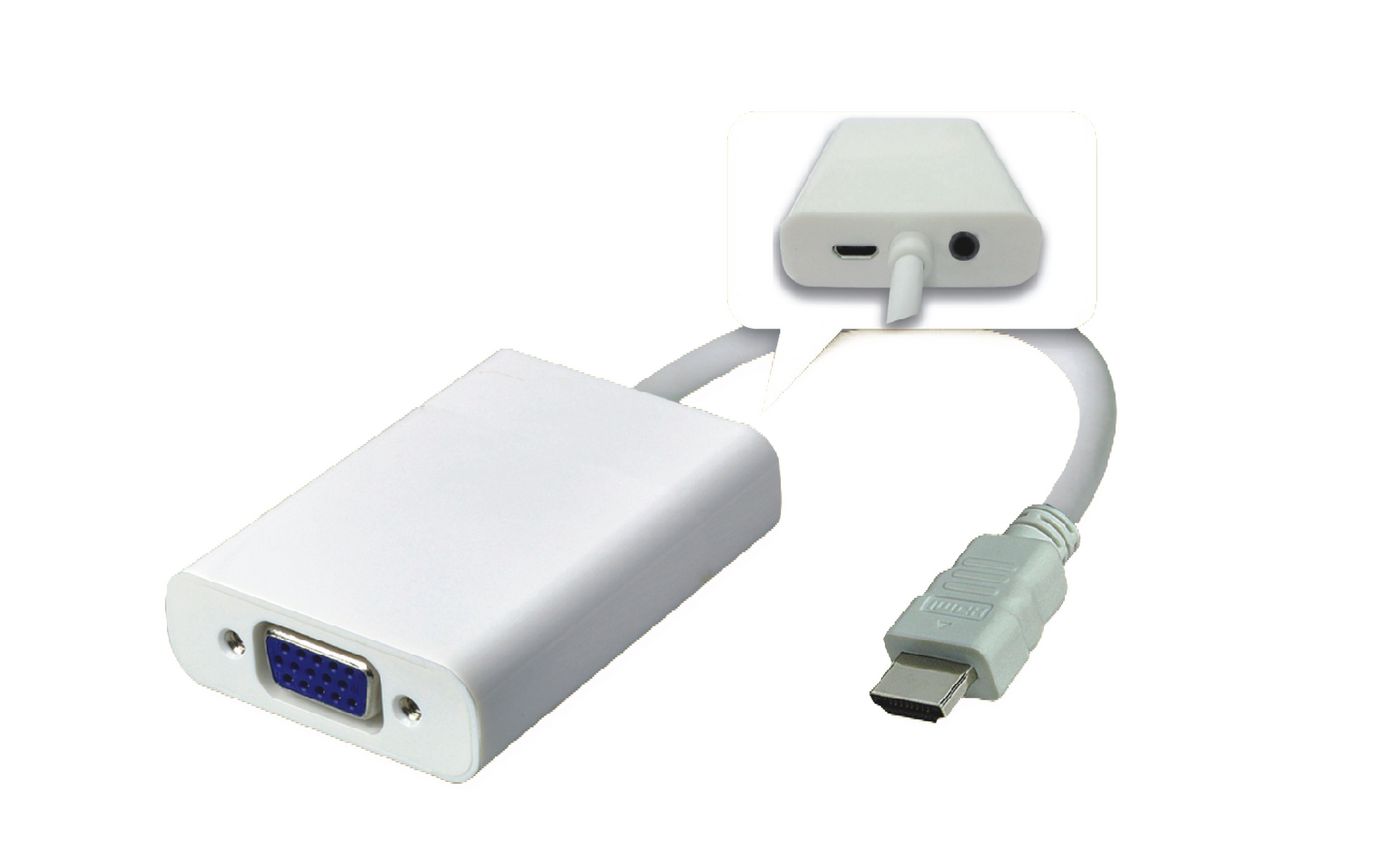 Microconnect HDMI-zu-VGA-Adapter – 1920 × 1200, HDMI 1.4, HDCP 1.4, 0,15 m, mit Audio (3,5 mm) – Weiss