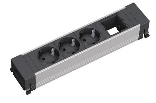 Bachmann Power Frame – 262 × 73 mm, Aluminium, schwarz/grau/aluminium, 3× Schuko, 1× CM
