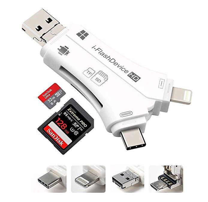 CoreParts Kartenleser – SD bis 128 GB, Lightning/Micro-USB/USB-C, für iPhone/Android – Weiss