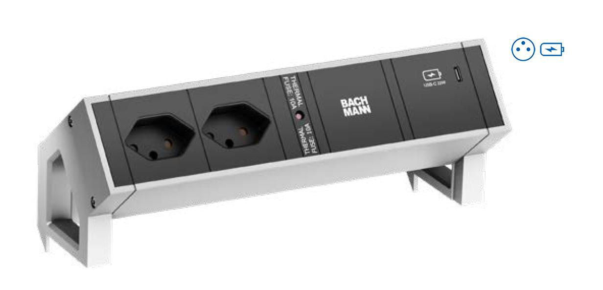 Bachmann DESK2 Steckdoseneinheit – 2×Schuko (Typ E/F), USB-C 60 W, Tisch/Einbau, 0,2 m