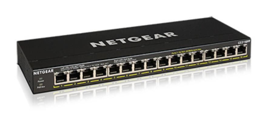 NETGEAR GS316PP – Unmanaged Switch – 16× 1G, PoE+, PoE-Budget 183 W, Desktop