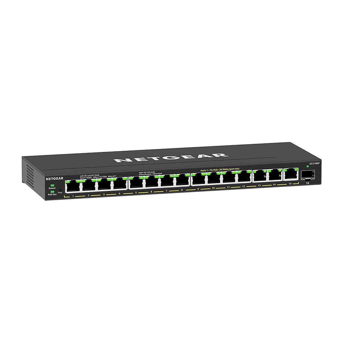 NETGEAR GS316EP – Managed Switch – 15× 1G, 1× SFP, PoE+, PoE-Budget 180 W