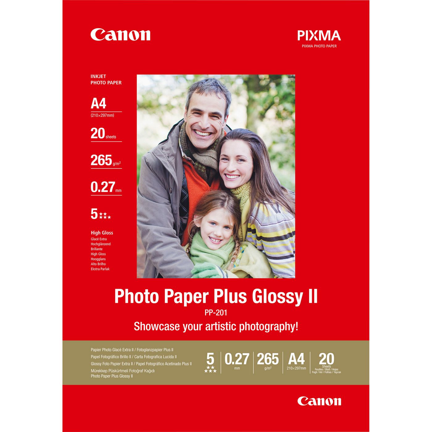 Canon Plus PP-201 Fotopapier – hochglänzend, A4, 265 g/m², 20 Blätter, einseitig – für Inkjet-Drucker
