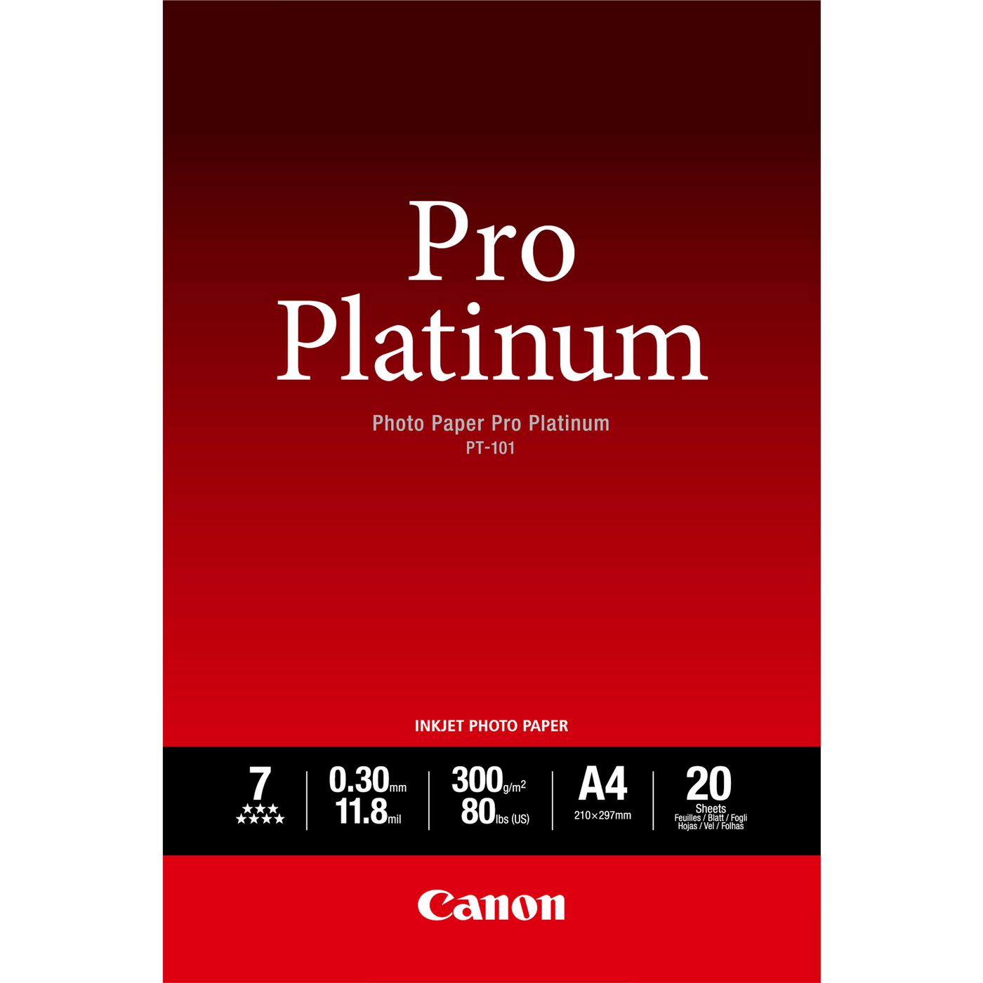 Canon Pro Platinum PT-101 Fotopapier – glänzend, A4, 300 g/m², 20 Blatt – für Tintenstrahldrucker