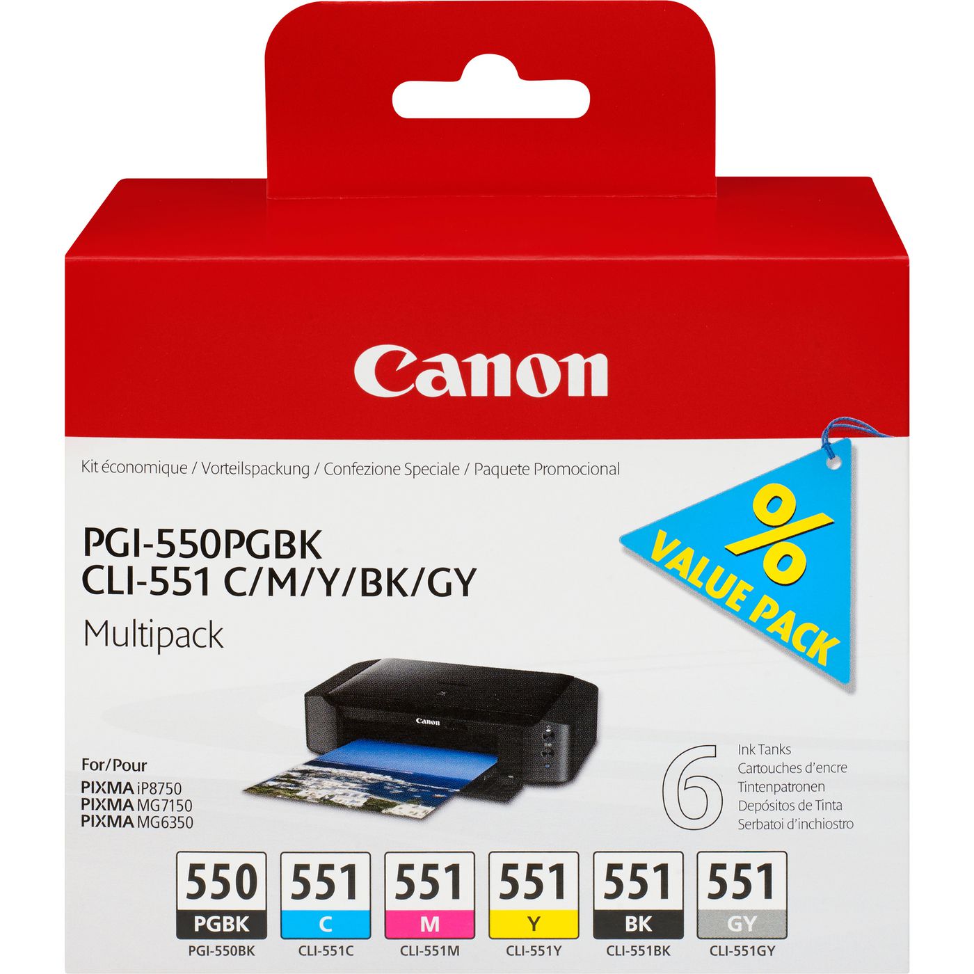 Canon Tintenpatronen-Multipack PGI-550/CLI-551, 6er-Pack – für Inkjetdrucker und Multifunktionsgeräte