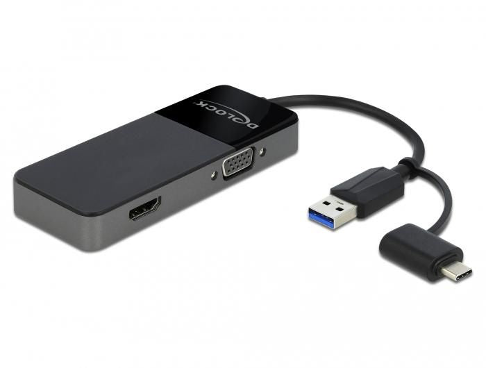 DeLOCK 64085 Adapter USB-A zu HDMI/VGA – USB 3.2 Gen 1 (5 Gbit/s), 0,12 m, für Windows/macOS