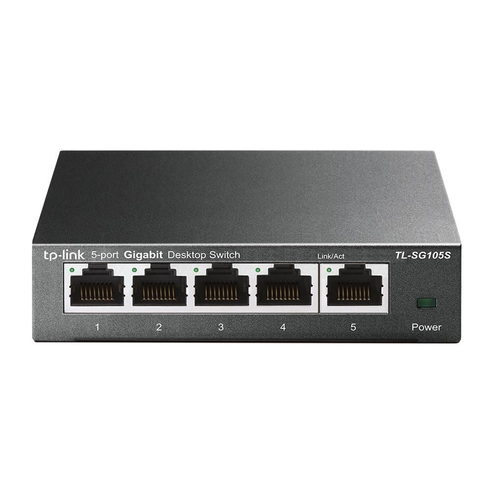 TP-Link TL-SG105S – Unmanaged Gigabit-Switch, 5x RJ-45 (1G), Metallgehäuse, Wand-/Tischmontage, Schwarz